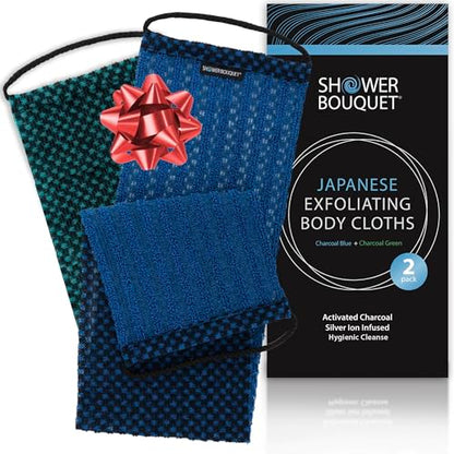 SHOWER BOUQUET Japanese-Exfoliating-Washcloth 2-Pack Charcoal & Silver Ion | Exfoliating Towel & Handles | 2-Sided Gentle Exfoliation & Deep Cleansing | Back & Body Wash Cloths for Shower | Blue + Green - color: Charcoal Blue + Charcoal Green, size: 1 Cou
