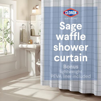 Clorox Bathroom Waffle Windowpane Pattern Shower Curtain with Waterproof Lightweight PEVA Liner Set, Standard Size, Metal Grommets, No Hooks 72" x 72" - 2 Pc Set - Sage Green w Frosty PEVA - color: Sage Green Waffle Windowpane - Standard