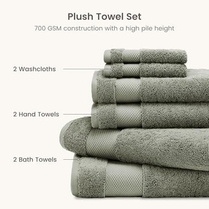 BIOWEAVES 100% Organic Cotton Bath Towel Set | 700 GSM Plush 6-Piece Premium Towel Set GOTS Certified, 2 Bath Towels, 2 Hand Towels & 2 Washcloths - Sage - color: Sage, size: 6 Pc Towel Set