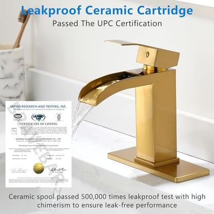 Waterfall Bathroom Faucet Gold - Single Handle Sink Faucets Bathroom 1 Hole Or 3 Hole for 4In | Modern Solid Vanity Faucet with Deck Plate & Overflow Pop Up Drain Brushed Gold - color: A-Brushed Gold