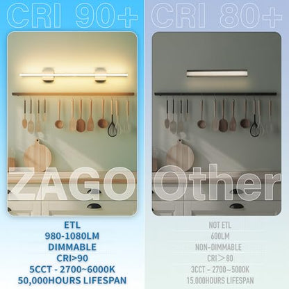 ZAGO 24 Inch Bathroom Linear Vanity Light Fixtures Over Mirror - LED Modern Wall Mounted Adjustable Hardwired Picture Lighting Bar with 5CCT Switchable, ETL & Damp Rated, Black, 2-Pack - style: Fixed-Black