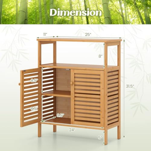 Tangkula Bamboo Floor Cabinet, Bathroom Storage Cabinet with Double Slatted Doors, Open Shelf, Removable Shelf, Storage Organizer for Bathroom Doorway Living Room Kitchen - style: Double Doors