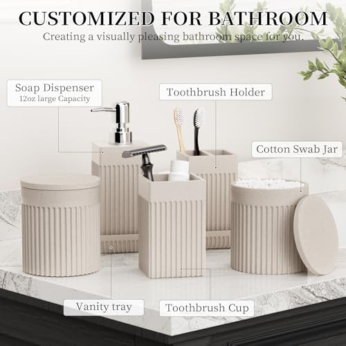 6-Piece Beige Bathroom Set - Sleek Resin Bathroom Accessories Set with Soap Dispenser, Toothbrush Holder, Vanity Tray, Tumbler & Apothecary Jars for Small Spaces - color: Beige