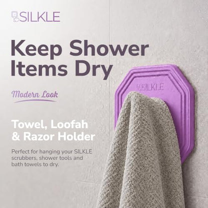 SILKLE Silicone Shower Hooks for Inside Shower, 2-Pack Adhesive Towel Hooks | Adhesive Shower Hooks, No Drill - Razor & Loofah Holders for Shower Wall, Heavy-Duty, Waterproof, Damage-Free - Purple - color: Purple