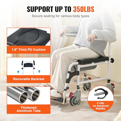 VEVOR Shower Commode Wheelchair with 4 Lockable Wheels, Footrests, Flip-up Arms, 3-Level Adjustable Height, 5L Removable Bucket, 350 LBS Capacity, Commode Chair for Adults Seniors | with 4 Lockable Wheels, Footrests, Flip-up Arms, 3-Level Adjustable Heigh