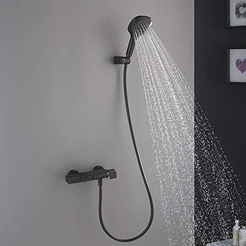 Wall Mounted Bathtub Faucet with Shower, Bath Shower Faucet System Mixer Thermostatic Mixer Taps Brass Shower Taps with Hand Shower and Shower Hose Set,Chrome,Black - color: Black