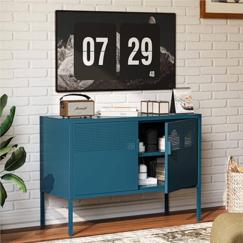 COFaR TV Stand for TVs up to 75 Inch, 40 Inch Media Console with Ventilation Doors, Metal Entertainment Center with Adjustable Shelves & 120Lbs Storage for Living Room & Bedroom, Peacock Blue - color: Peacock Blue, size: 40"L with Mesh