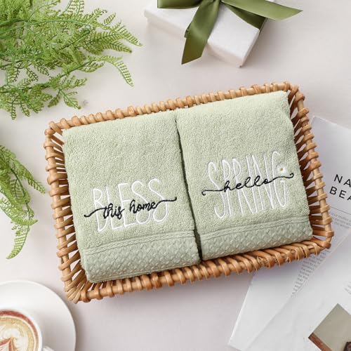 SmoothNovelty 2 Pcs Hello Spring Hand Towels Gray Green Bathroom Decor 14x29 Inch 100% Cotton Soft Absorbent Bless This Home Embroidered Decorative Hand Towels for Bathroom Kitchen Housewarming Gifts - style: Hello Spring