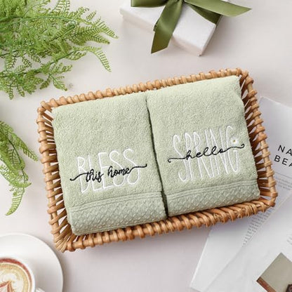 SmoothNovelty 2 Pcs Hello Spring Hand Towels Gray Green Bathroom Decor 14x29 Inch 100% Cotton Soft Absorbent Bless This Home Embroidered Decorative Hand Towels for Bathroom Kitchen Housewarming Gifts - style: Hello Spring