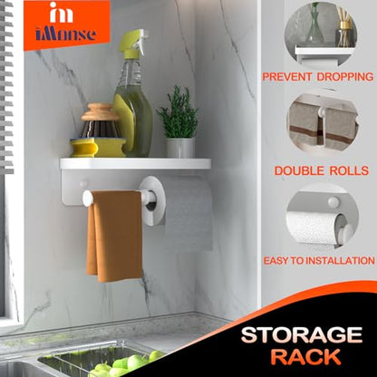 Double Toilet Paper Holder with Shelf, iMonse Paper Towel Holder Wall Mount,Tissue Roll Holder for Bathroom Kitchen RV, Double Tissue Roll Rack with Adhesive & Screw (White) - color: White-twoside