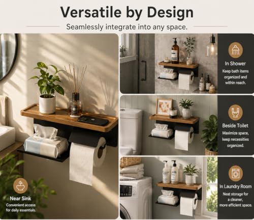 Toilet Paper Holder with Wide Solid Wood Shelf, Wall Mounted Matte Black | 16" X 5.3" Double Roll Holder Fits Phone & Large Wipes Storage | Rust-Resistant for Rustic Farmhouse Bathrooms Organizer