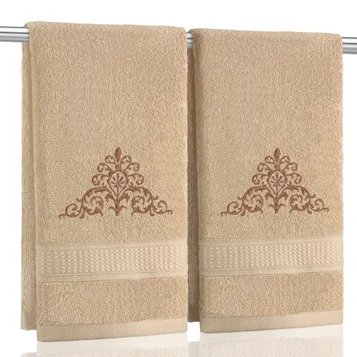 SmoothNovelty 2 Pcs Damascus Hand Towels Brown Farmhouse Bathroom Decor 14x29 Inch Embroidered 100% Cotton Soft Absorbent Spring Summer Decorative Hand Towels for Bathroom Kitchen - style: Damascus