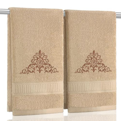 SmoothNovelty 2 Pcs Damascus Hand Towels Brown Farmhouse Bathroom Decor 14x29 Inch Embroidered 100% Cotton Soft Absorbent Spring Summer Decorative Hand Towels for Bathroom Kitchen - style: Damascus