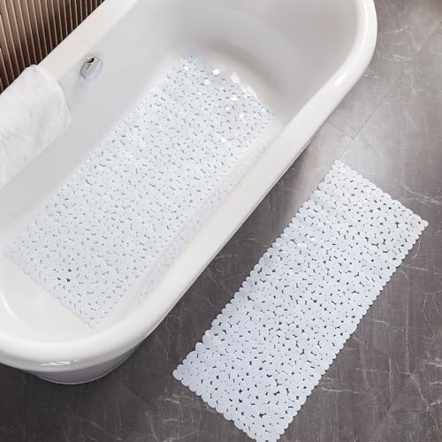 Webos Bath Shower Mat Non Slip: Extra Large Pebble Bathtub mat for Kids, Elderly, Anti Slip Shower Matt with Drain Holes Suction Cups Tub Mat - 16 X 40 Inch White - color: Pebble White