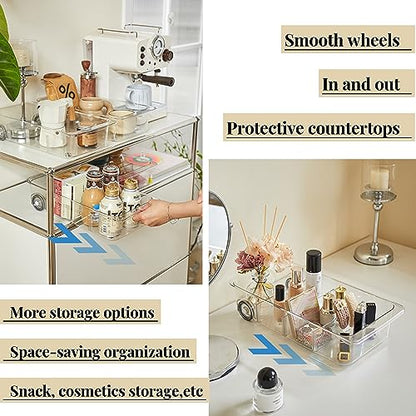 Roll-Out Refrigerator Organizers and Storage, 2 Pack Drawer Fridge Bins | Silicone Wheels, Adjustable Dividers, Thick Clear PET, Built-In Handle, for Fridge, Pantry, Bathroom & Kitchen Organization - size: 2pack