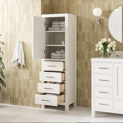 ARIEL Cambridge Bathroom Storage Cabinet - Solid Hevea Wood and Fully Assembled for Long-Lasting Durability and Sophisticated Finish, Freestanding Linen Bathroom Cabinet - 65”H x 20”W x 16”D, White - color: White, style: Cambridge