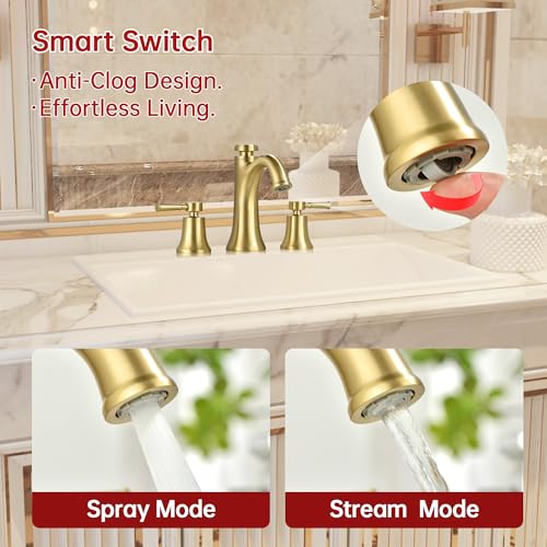 SUMERAIN 8 Inch 3 Hole Widespread Bathroom Faucet, Brushed Gold | Temperature Memory Function, Avoid Repeated Temperature Adjustments, Dual Spray Modes, Solid Brass - color: Brushed Gold