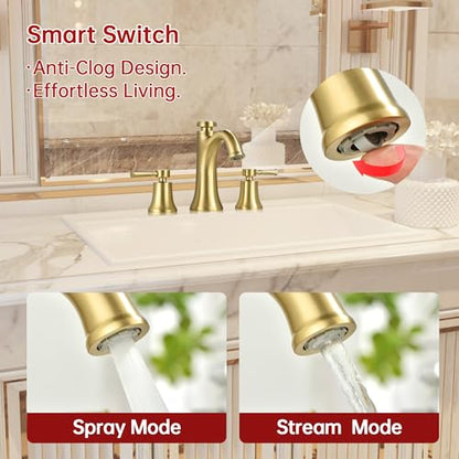 SUMERAIN 8 Inch 3 Hole Widespread Bathroom Faucet, Brushed Gold | Temperature Memory Function, Avoid Repeated Temperature Adjustments, Dual Spray Modes, Solid Brass - color: Brushed Gold