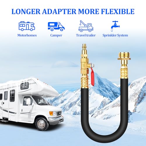 RV Winterizing Blowout Adapter Kit with Valve for Sprinkler Camper | Air comp quick connect plug,3/4" garden hose faucet,antifreeze for motorhomes/boats/travel trailers, brass,lead-free,18"