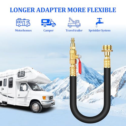 RV Winterizing Blowout Adapter Kit with Valve for Sprinkler Camper | Air comp quick connect plug,3/4" garden hose faucet,antifreeze for motorhomes/boats/travel trailers, brass,lead-free,18"