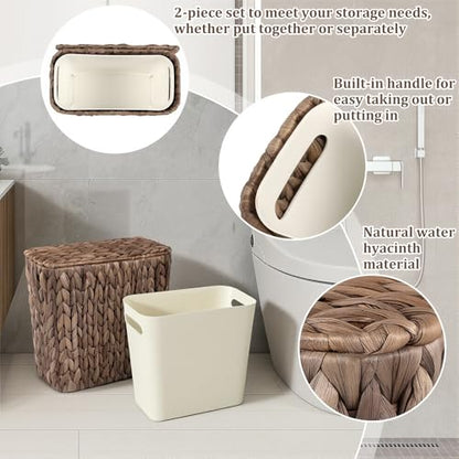 Wicker Trash Can with Lid and Liner, Handwoven Wicker Waste Basket, Water Hyacinth Bathroom Trash Can, Boho Rattan Garbage Wastebasket for Bedroom Home Living Room Office, 2.5 Gallon, Espresso - color: Espresso