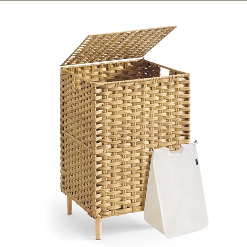 SONGMICS Laundry Hamper with Lid, 25 Gal (95L) PE Rattan Laundry Basket with Removable Washable Liners, for Bedroom & Living Room, Goose Yellow ULCB221YE01 - color: Goose Yellow, size: 95 L (1 Basket）