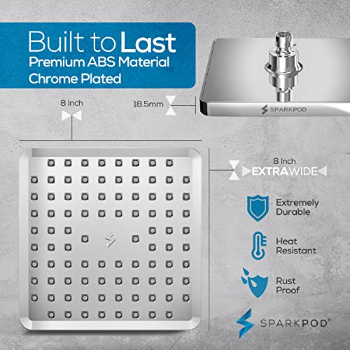 SparkPod Rain Shower Head, 8 Inch Square, Luxury Polished Chrome Finish | High Pressure Shower Heads, 90 Nozzles, Adjustable Showerhead, No Tools Needed, Universal Connection - color: Luxury Polished Chrome, style: 8 Inch Square