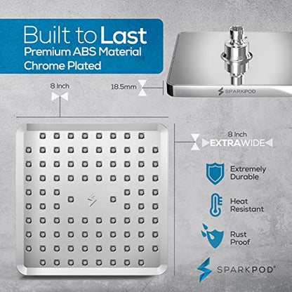 SparkPod Rain Shower Head, 8 Inch Square, Luxury Polished Chrome Finish | High Pressure Shower Heads, 90 Nozzles, Adjustable Showerhead, No Tools Needed, Universal Connection - color: Luxury Polished Chrome, style: 8 Inch Square