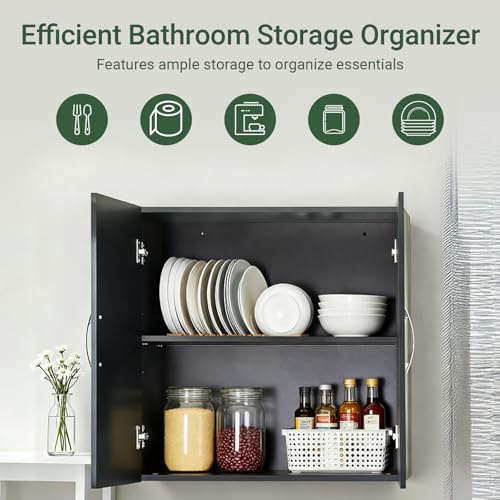 Over Toilet Wall Mount Bathroom Cabinet, Wall Size, Black | Wall-Mounted Over-Toilet Cabinet With Adjustable Shelf, Multi-Use Bathroom & Laundry Storage, HUS-BZR200 - color: Black2