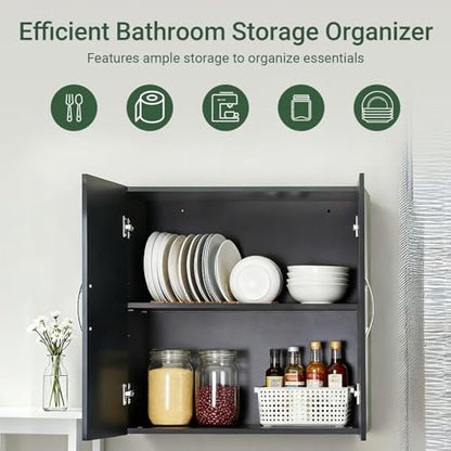 Over Toilet Wall Mount Bathroom Cabinet, Wall Size, Black | Wall-Mounted Over-Toilet Cabinet With Adjustable Shelf, Multi-Use Bathroom & Laundry Storage, HUS-BZR200 - color: Black2