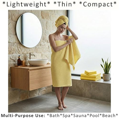 PÜSKÜL Natural 100% Turkish Cotton Waffle Towels Set of 4-Piece, L.-Yellow | 2-Bath sheet (Extra-large 32x63") and 2-Hand towel (Large 32x16"). Premium honeycomb-waffle weave, oeko-tex made in Turkiye. - color: Light Yellow
