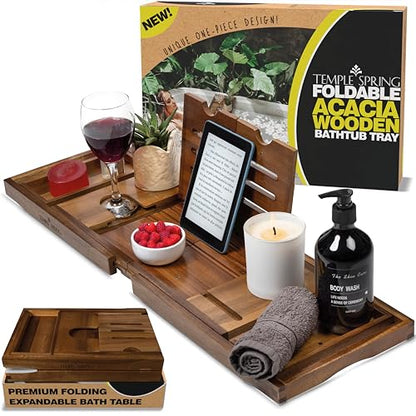 Foldable Bathtub Tray, Unique Design Selfcare Bathroom Caddy, Acacia Spa Bathroom Tray, Wooden Bathtub Accessories, Wedding Gift/Birthday Gift/New Home Bath Table – Not Teak - color: Foldable Acacia