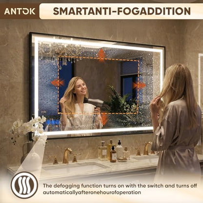 Antok 48X36 LED Bathroom Mirror with Lights, Vanity Mirror for Wall with Black Frame, Touch Control, Anti-Fog, Dimmable Lights, Shatter-Proof, Memory Function, Wall-Mounted Vanity Mirrors - size: 48"L x 36"W