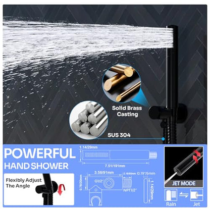 HOMEDEC 16inch Round Rain Shower System with Dual 6" Wall Mounted Shower Heads, 4 Way Shower Diverter Valve with 2-Function Handheld Shower, Black - color: Black, style: 4-Way + 2x 6" Top (No Jets)