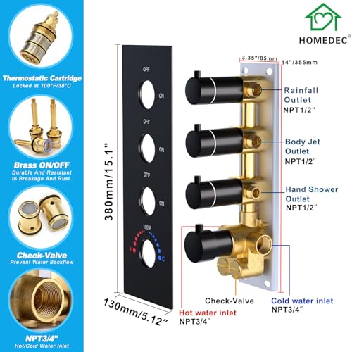 HOMEDEC 16inch Round Ceiling Mounted Rainfall Shower System, 3 Way Thermostatic Diverter Valve with 2-Function Handheld Shower and Body Jets, Black - color: Black, style: 3-Way