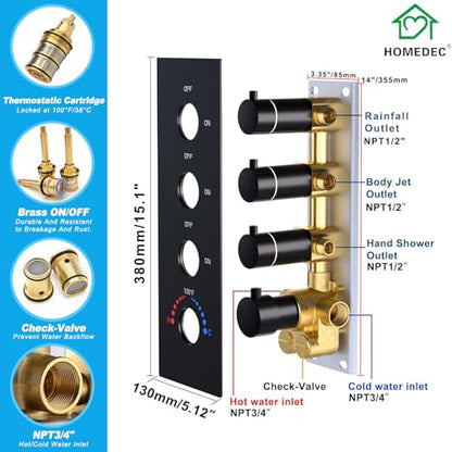 HOMEDEC 16inch Round Ceiling Mounted Rainfall Shower System, 3 Way Thermostatic Diverter Valve with 2-Function Handheld Shower and Body Jets, Black - color: Black, style: 3-Way