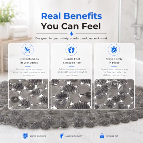 Bath Bliss Non-Slip Pebble Bathtub Mat 18x36 Oval Smoke Color | Suction Cup Shower Mat with Drain Holes | Machine Washable Anti-Slip Tub Mat - color: Smoke