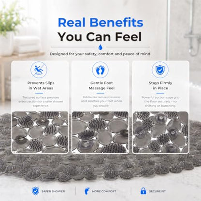 Bath Bliss Non-Slip Pebble Bathtub Mat 18x36 Oval Smoke Color | Suction Cup Shower Mat with Drain Holes | Machine Washable Anti-Slip Tub Mat - color: Smoke
