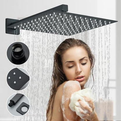 Shower Faucet Matte Black Shower System with 12 Inches Rain Shower Head and Handheld Spray Bathroom Luxury Rain Shower Faucet Set Complete Wall Mounted - color: Matte Black, size: Matte Black-12