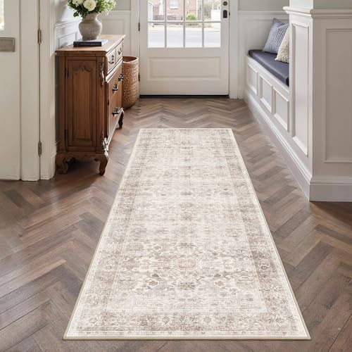 2x6 Kitchen Runner Beige Vintage Washable Runner Rugs for Hallway Kitchen | Neutral Hallway Runner Rug Low Pile Non-Slip Retro Distressed Accent Throw Carpet for Entryway Bathroom Bedroom - color: Neutral Beige, size: 2'*6'(Runner)