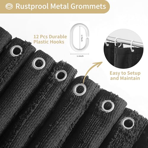Black Shower Curtain Boho, Cotton Blend Waffle Shower Curtains Textured, Fabric Shower Curtain for Bathroom, Hotel, Washable,72 x 72 - color: Black, size: 72"W x 72"L (Pack of 1)