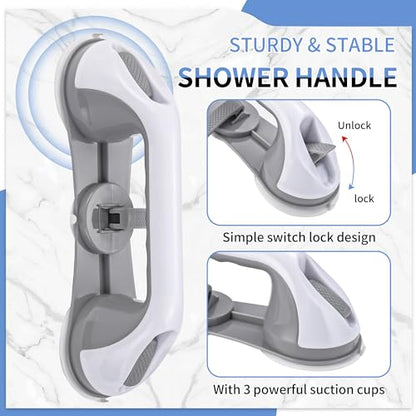 Strong Suction Grab Bars for Shower and Bathroom with 3 Suction Cups, Heavy Duty Safety Handles for Elderly and Seniors – No Drill Removable 2 Pack, Waterproof Non-Slip Bath Handr
