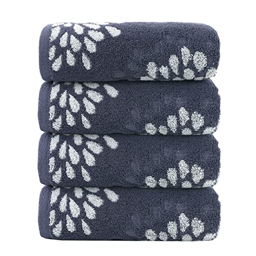 Pidada Hand Towels Set of 4 Hydrangea Floral Pattern 100% Cotton Absorbent Soft Decorative Towel for Bathroom (Denim Blue) - color: 4 Denim Blue