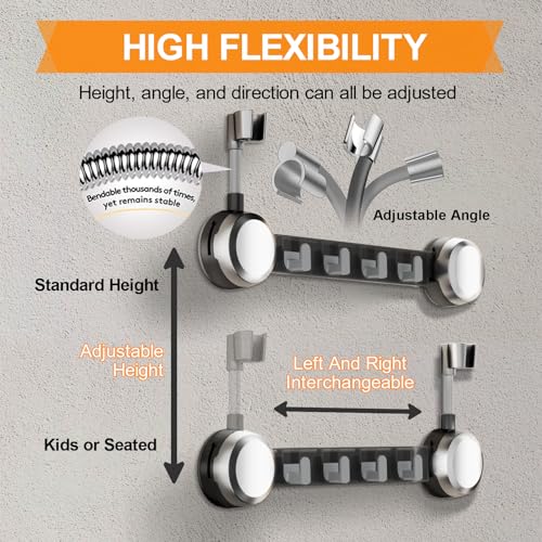 Shower Head Holder Suction Cup with 4 Hanger Hook Wall Mount - No-Drill Strong Adhesive Shower Wand Bracket - Adjustable Handheld Shower Head Mount - 2 in 1 Design - color: Silver