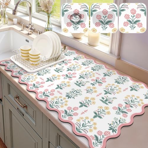 LOKHOM Scalloped Floral Dish Drying Mat, 17"x32" Coffee Mat Pink Pastoral | Unique Floral, Super Absorbent, Cuttable, Hide Stain, Non-slip Drying Mat, For Kitchen Counter Coffee Maker Espresso Machine - color: Pink Floral, size: 17" x 32"