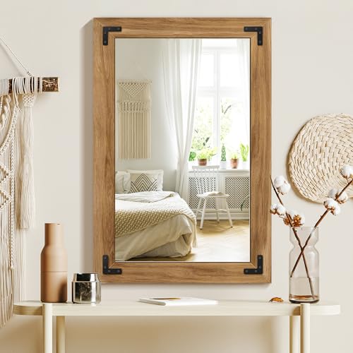 Wood Framed Bathroom Vanity Mirror for Wall, 24"x36" Farmhouse Mirror | Solid Wood Frame, HD Shatterproof Glass, Vertical/Horizontal Hanging, Ideal for Bathroom, Living Room, Bedroom - size: 36"L x 24"W
