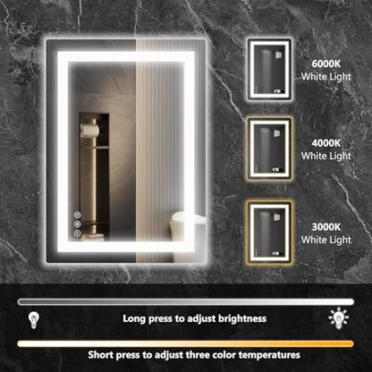 Sweetcrispy 28.1"x36.1" Smart Anti-Fog LED Bathroom Mirror with Front Light & Backlit, 3 Color Temperatures, Dimmable, Memory Function, Rectangle Modern Vanity Mirror