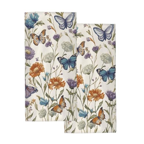 Boho Watercolor Wildflower Butterfly Hand Towels Set of 2, Vintage Floral Decorative Towels, Soft Lightweight Breathable Absorbent Fingertip Towel for Bathroom, Kitchen, Guest Room, Home Decor - color: Boho Watercolor Floral Butterfly