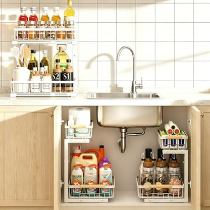 Under Sink Organizer, Height Adjustable Under Sink Organizers and Storage, 2 Tier Pull Out Drawer Cabinet Storage for Kitchen Bathroom, 1 Pack, White | cabinet organizer, 5 level adjustable, quiet sliding rails, dual suction and nano tape, no drill, rust