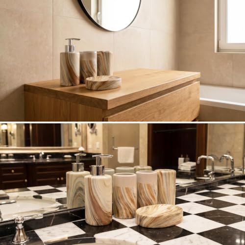 Ceramic Bathroom Accessories Set of 4, Marble Wood Grain Bathroom Vanity Set,Soap Dispenser, Toothbrush Holder, Tumbler & Soap Dish Modern Bathroom Organizer - color: Round Beige
